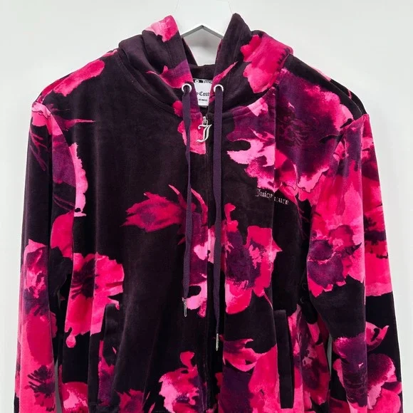 Juicy Couture Velour Track Jacket Size XL Hooded Floral Coquette Streetwear Boho - Picture 3 of 15